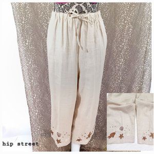 JM COLLECTION Drawstring Sea Life Applique All Linen Wide Leg Pants 14